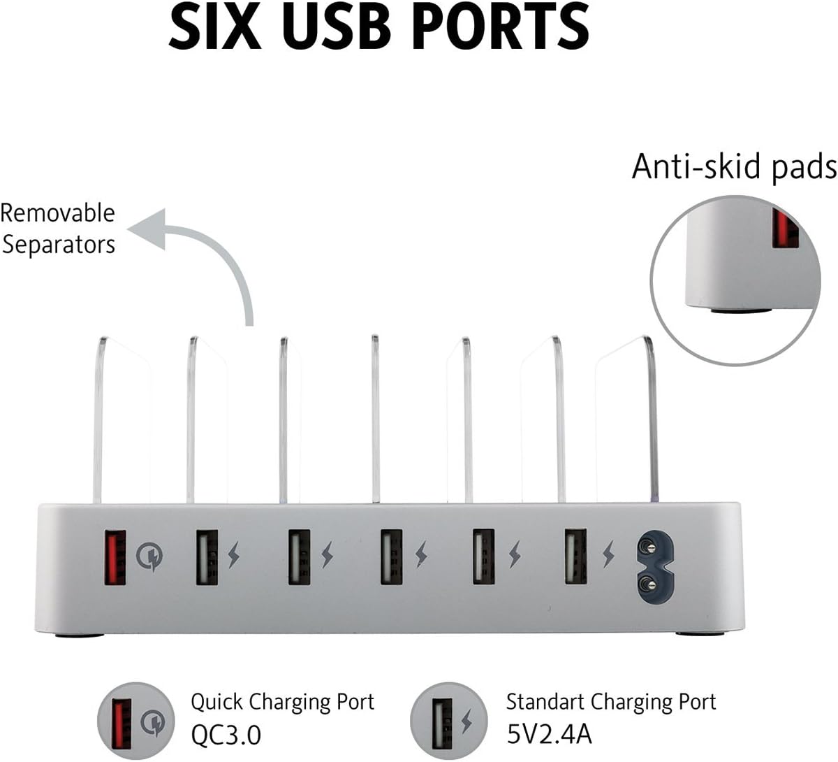 Charging Station for Multiple Devices - 6-Port USB Dock & Organizer for Smartphones & Tablets with Quick Charge for USB-C Powered Gadgets (Cables Included)