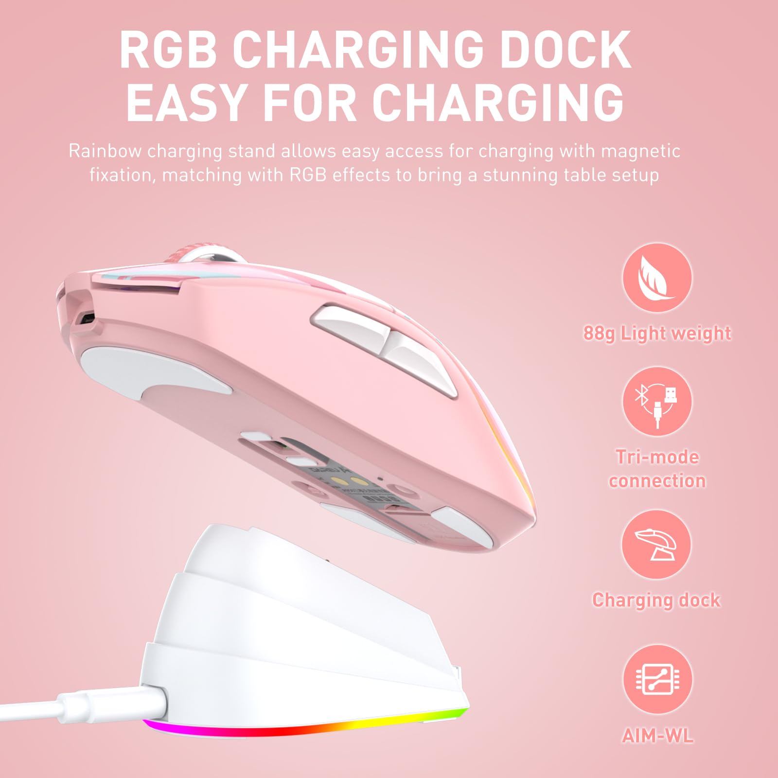 DAREU A950 Wireless Gaming Mouse with RGB Charging Dock,88g Lightweight Programmable Tri-Mode Wireless Mouse Gaming, Up to 12K DPI,1000Hz,120Hrs Playtime with RGB Backlit, Great for PC, Mac