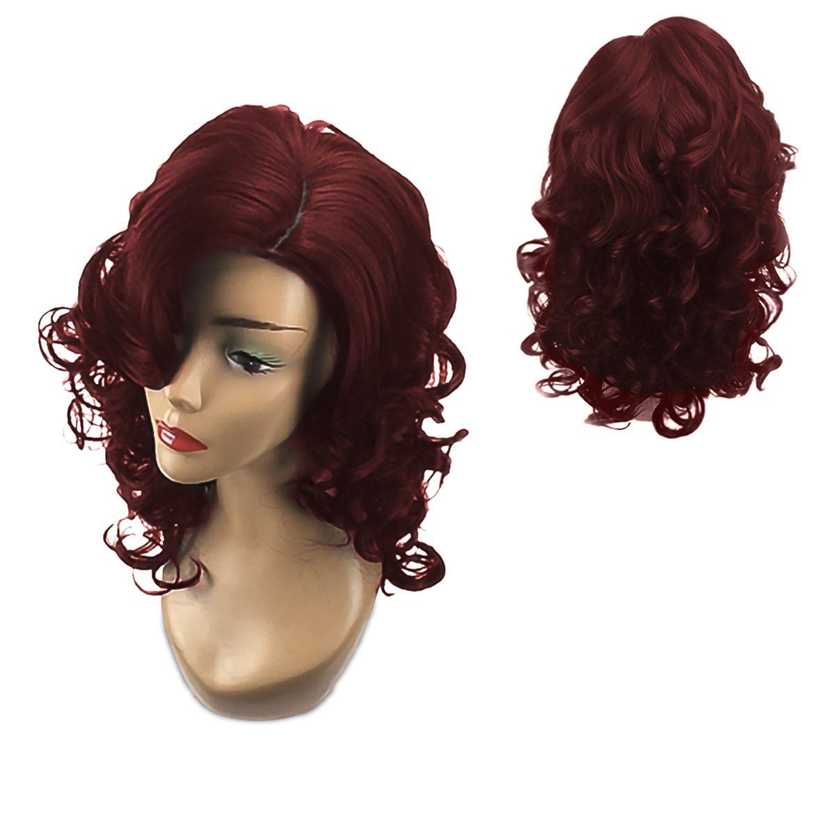 Redlution Lace Front Wigs For Women Short Curls Wig Wavy Black Hair Heat Resist Cospaly Party Hair 18 Inchs With Free Wig Cap & Wig Comb (Wine Red)