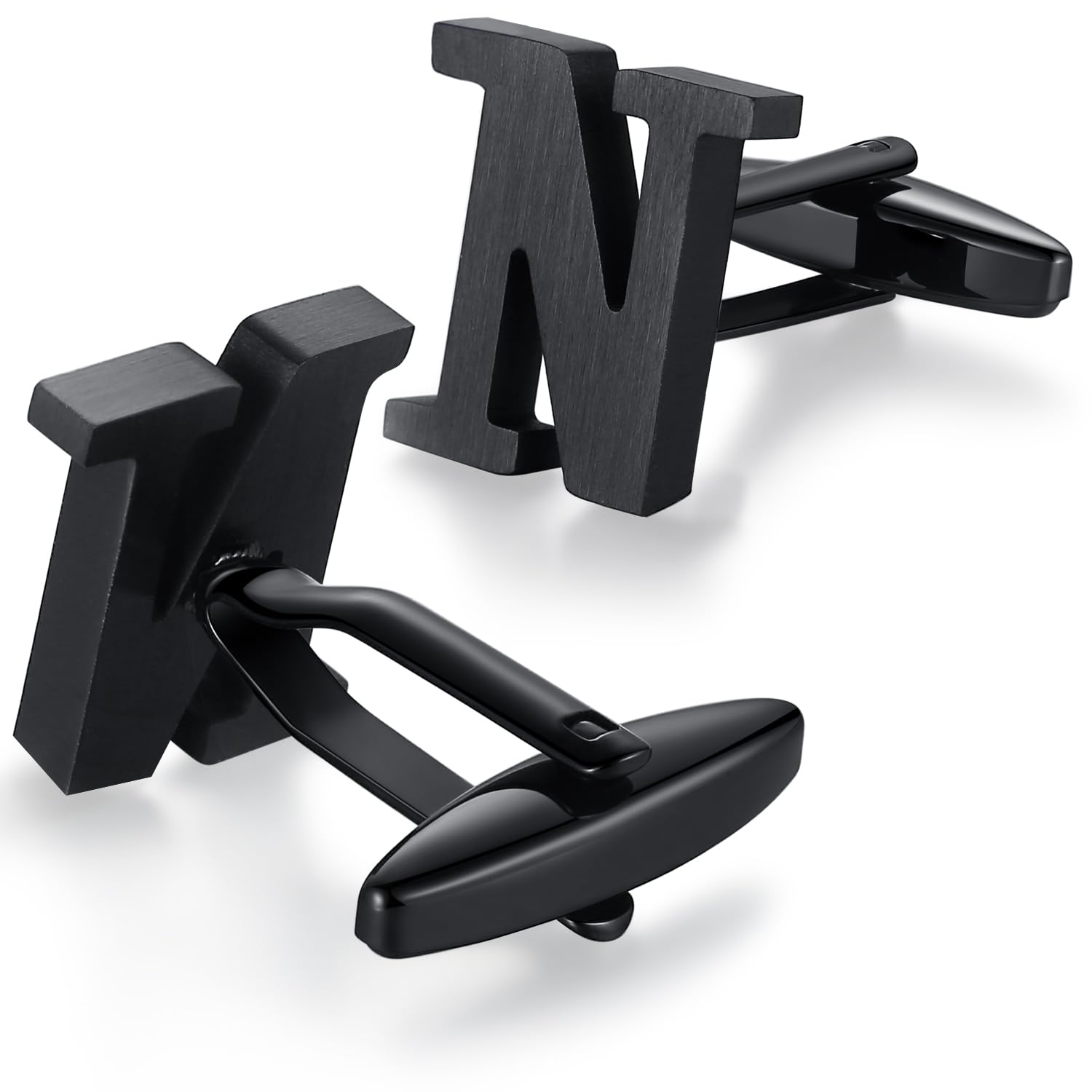 HONEY BEAR Mens Initial Alphabet Letter Cufflinks,Stainless Steel for Wedding Formal Business Gift (N-Black)