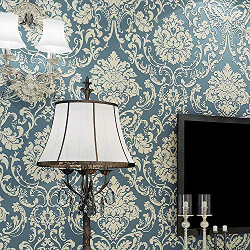 9.5X0.53M 3D Vintage Victorian 5 Colors Luxury Damask Embossed Flock Textured Non-Woven Wallpaper Roll for Bedroom Livingroom 1.73' W x 31.2' L=5.035㎡ (54sq.ft) (Blue)