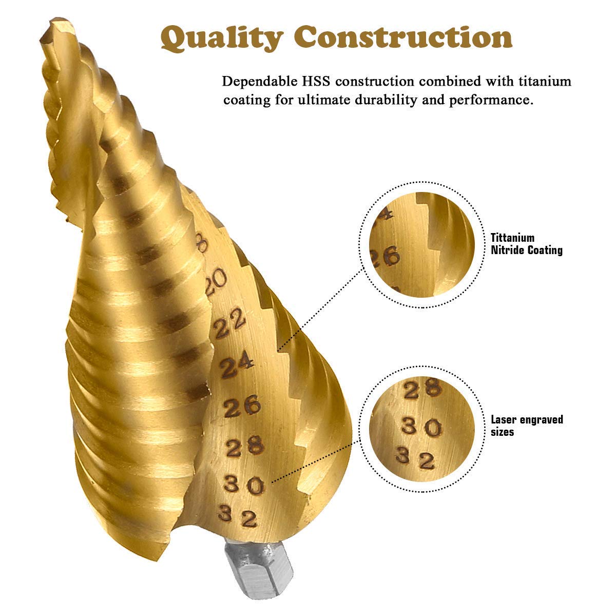 HSS Stufenbohrer Set,Gocheer 3 stück Stufenbohrer Schälbohrer Kegelbohrer Set,Spiral Gerillt,mit Tasche(4-12mm /4-20mm /4-32mm),für Edelstahl,Metall,Holz,Kunststoff,Aluminium, Kupfer,DIY usw (Golden)