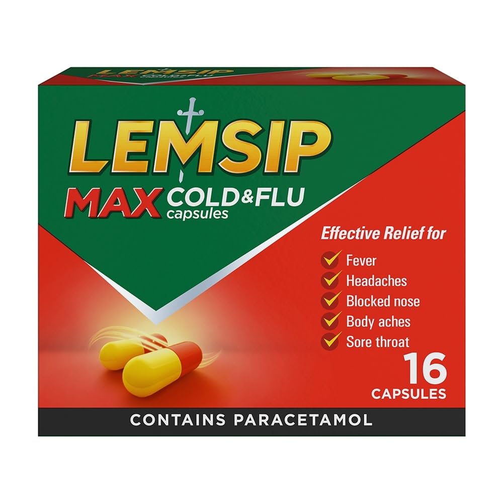 Lemsip Max Cold and Flu, Paracetamol Capsules, Lemon, 16 Total, Fever, Headache, Nasal Congestion Relief, Max Strength, Effective Relief, Medication