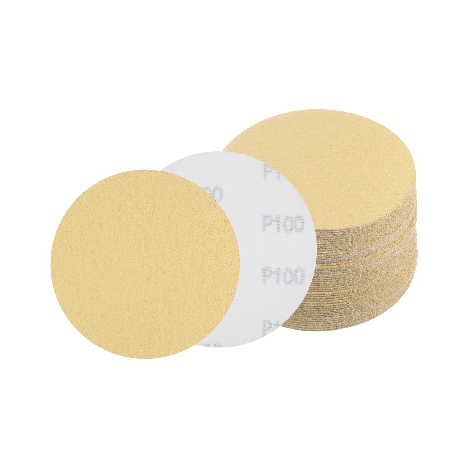 Kozelo 50pcs No Hole Sanding Discs- [ 5 Inch 100 Grit ] Round Hook and Loop Grip Sanding Pads Sheet Sandpaper for Automotive Metal Polishing Use| Gold, Aluminum Oxide