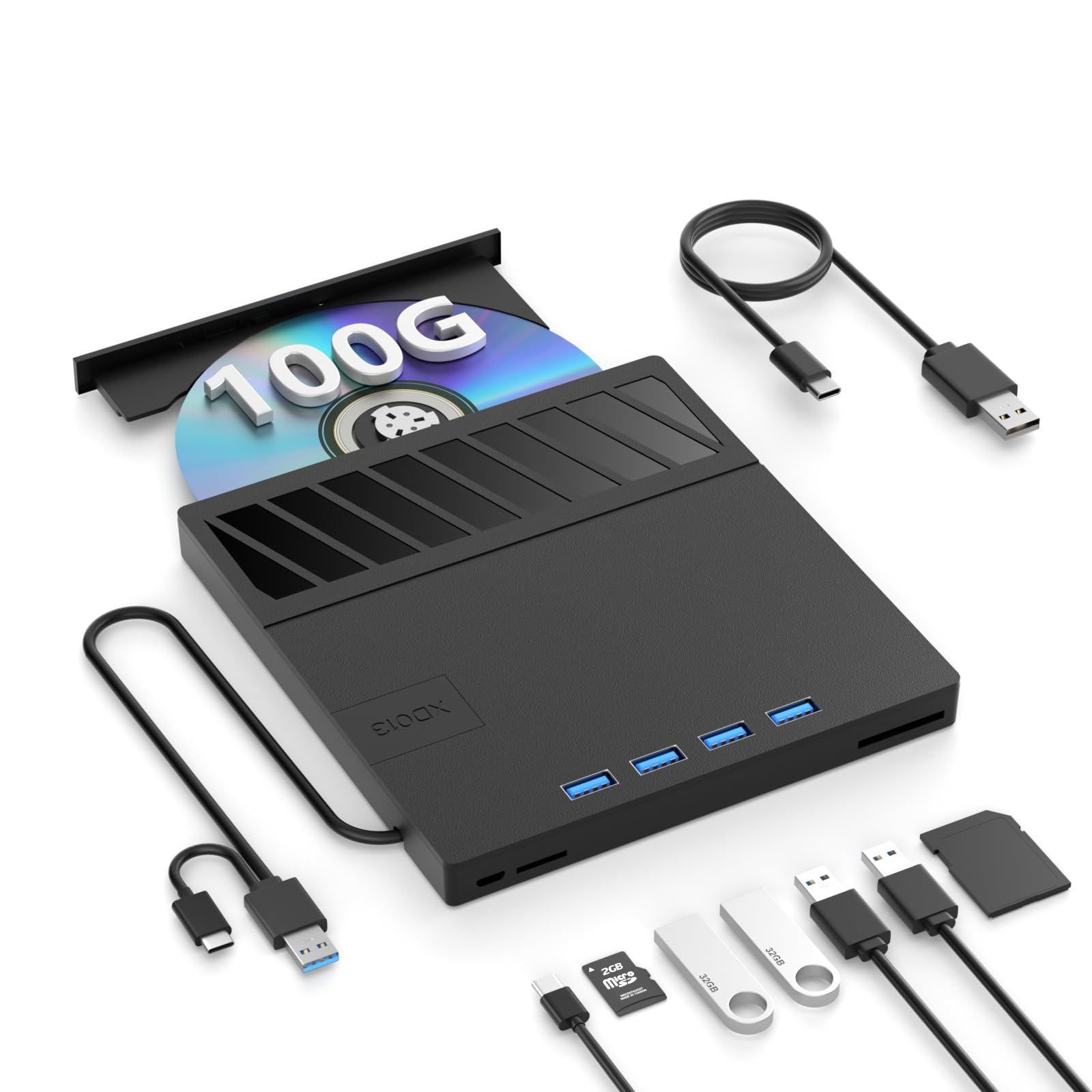 7 in 1 External Blu Ray Drive, USB 3.0 Type-C DVD CD External Blu ray Player, 100GB BD write support, Ultra-Slim 3D External Blu Ray Burner with TF/SD Port, Portable Bluray Drive for Windows Linux Mac