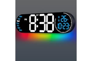 GLOKUUCA 17.2 Inch Large Digital Wall Clock with 9 Color Changing Remote Control, Date Week Temperature, Auto Brightness Dimmer Big Clock Night Lights,Blue