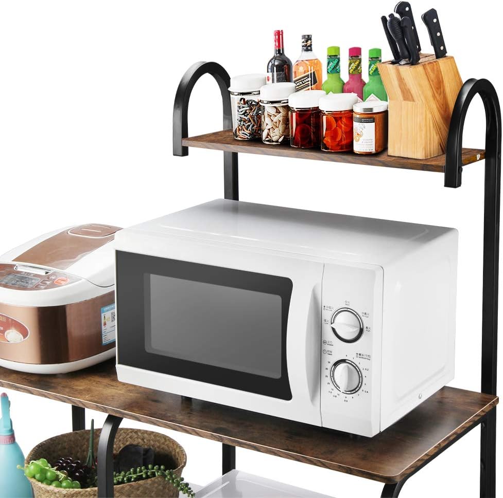 VANSPACE Indusrial Kitchen Baker's Rack Utility Storage Shelf Microwave Stand 4-Tier + 3-Tier Kitchen Storage Cart Table for Spice Rack Organizer Workstation with 5 Hooks - 35.5" Vintage Brown - Standing Baker's Racks