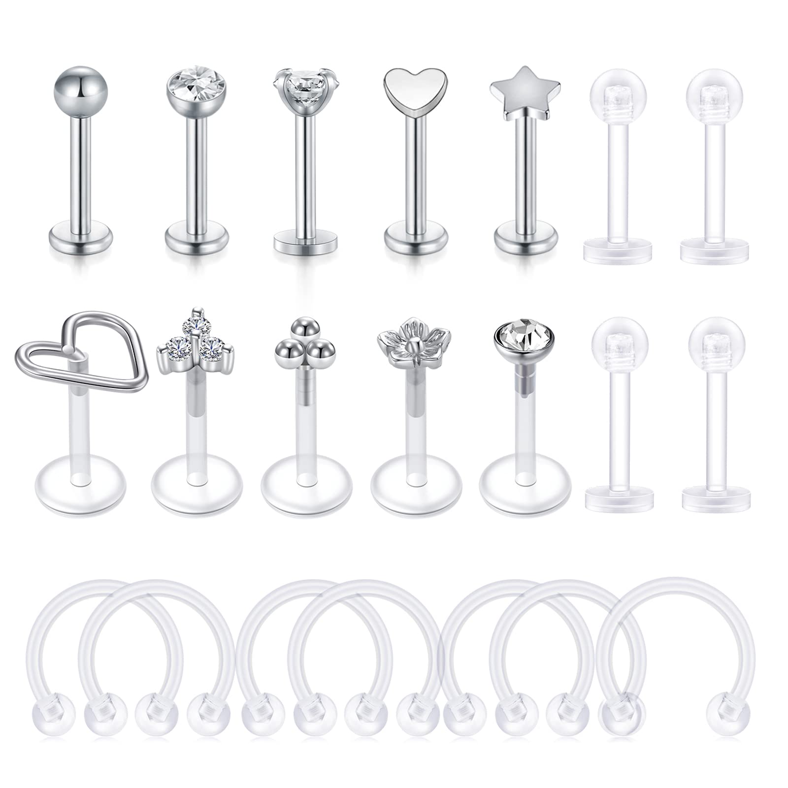 incaton 16G Lip Bars,1.2mm Labret Bars Lip Rings 8mm Bar Length Steel & Clear Flexible Helix Earrings Tragus Earrings Tragus Bars,21PCS Lip Medusa Ear Piercing Jewellery for Women Men