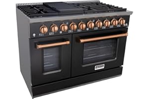 Akicon 48 Inch Freestanding Gas Range - 6.7 cu. ft. Double Rapid Convection Gas Oven - Gas Stove with 8 Sealed Burners & a Griddle, Heavy Duty Cast Iron Grates (Black & Copper)