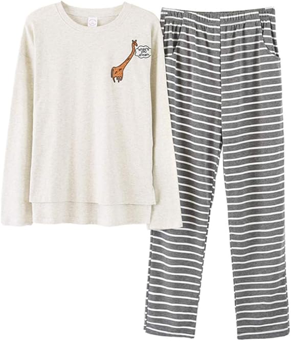 Amazon Co Jp 春秋 メンズ パジャマ ルームウェア 2点セット 薄手 綿 肌に優しい 長袖 長ズボン 上下 セット かわいい キリン柄 オシャレ カジュアル 男の子 男性用 上下セット 丸首 柔らかい コットン 通気 吸湿 部屋着 寝巻き お出掛け 秋冬 服 ファッション小物