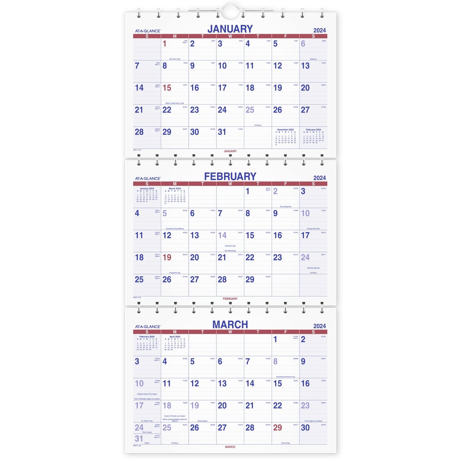 AT-A-GLANCE 2024 Wall Calendar, 12" x 27", Large, Move-A-Page, Three-Month (PMLF112824)