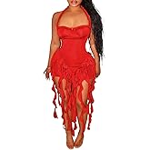 Womens Sexy Halter Mini Dresses Summer Ruffle Fringe Tassel Birthday Club Party Bodycon Short Dresses Outfits