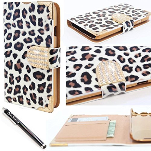 BlueAurora™ LG Leon C40 H320 LG Power L22c LG Tribute 2 Ls665 LG Risio Luxury Leopard Pattern Design Spot Diamond Wallet Phone Case with Credit Card Pouch Magnetic Flip & BlueAurora Stylus Pen