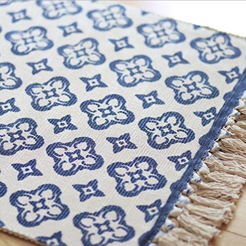 Blue Lilac Rug Mat with Tassel, Cotton Printed Artistic Moroccan Home Decor for Kitchen, Kids Bedroom, Living Room - 24x36"