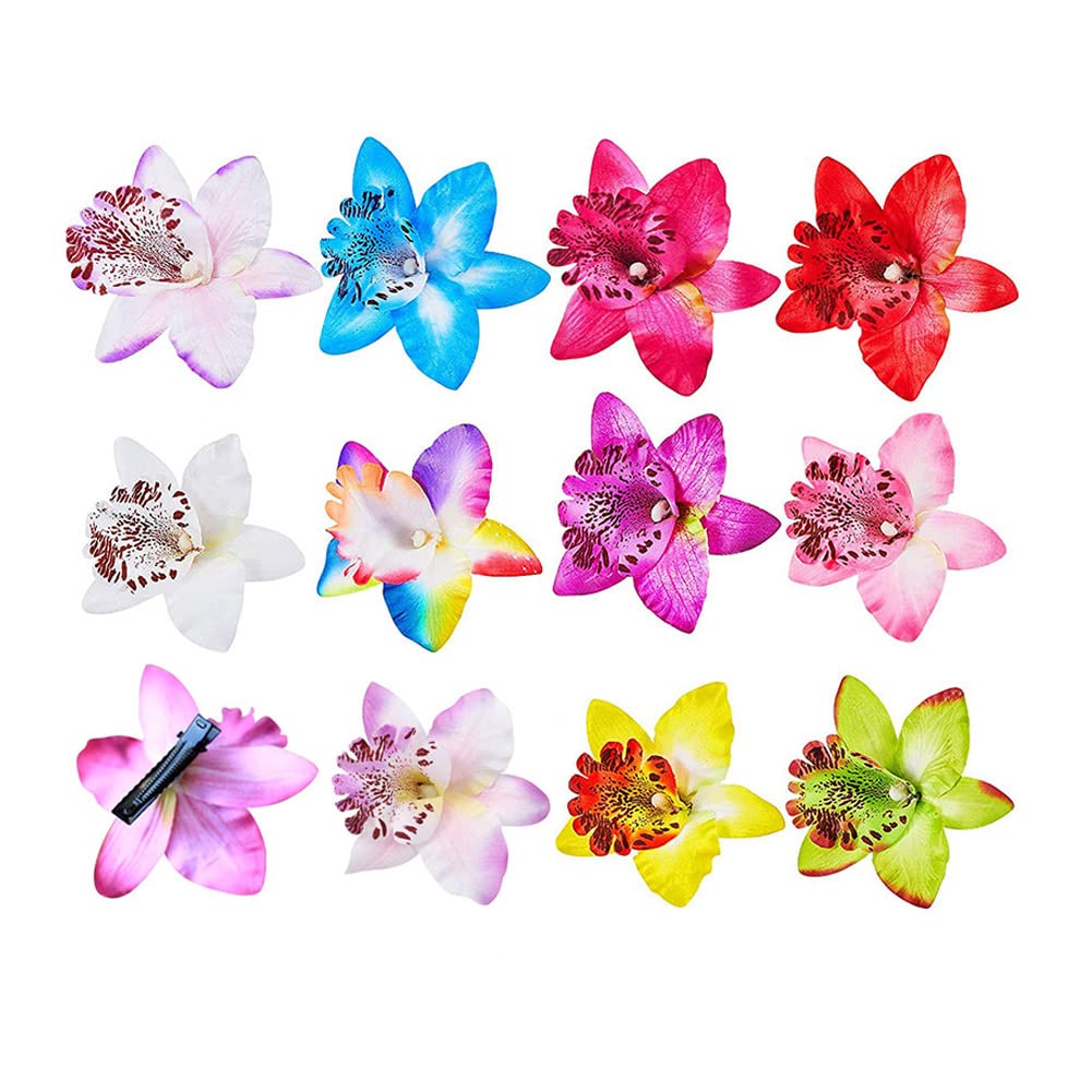 12PCS Hawaiian Flowers Hair Clips Colourful Bohemian Orchid Crocodile Hairpin for Lady Women Girls Bridal Wedding Party Beach Hair Style Accessories