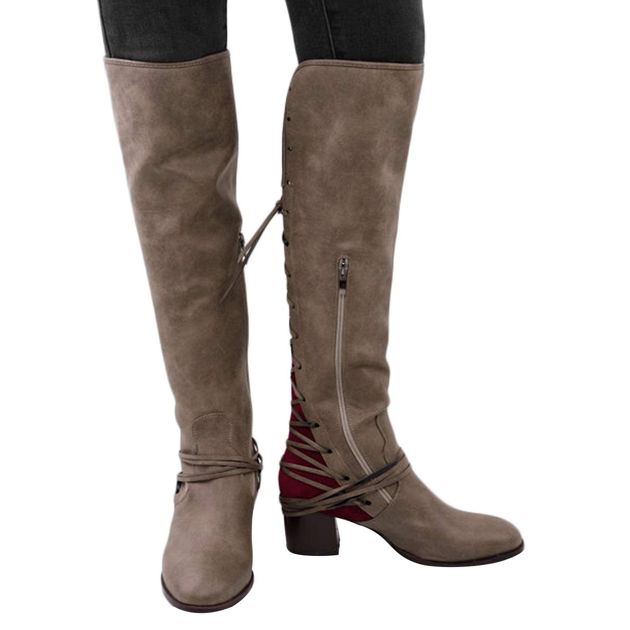 Susanny Women\'s Wide Calf Knee High Boots Low Chunky Heel Shoes Fashion Zipper Strappy Retro Riding Boot Taupe 10.5 B (M) US