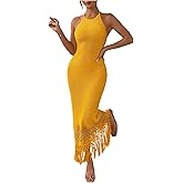 SOLY HUX Women's Summer Fringe Trim Halter Neck Bodycon Dress Crochet Sleeveless Maxi Dresses