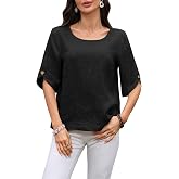 vinglam Women's 100% Linen Tops 3/4 Sleeve with Button Crewneck 2026 Summer Trendy Blouses Shirt