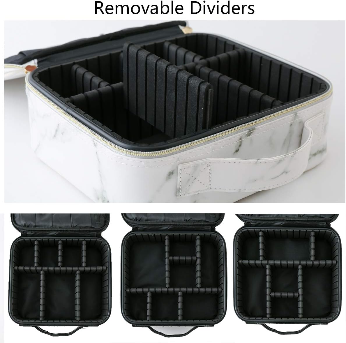 Gloriest Makeup Organizer Bag Travel Case Portable Cosmetic Storage Bag with Adjustable Dividers for Women Makeup Brush Tools Gadgets Gift, Marble White