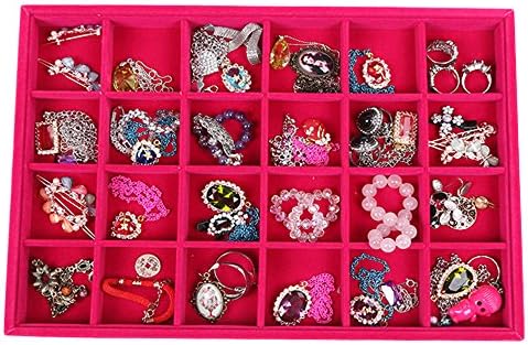 Glitterymall Velvet Necklace Pendants Choker Chains Jewelry Display Tray Storage Organizer Box Holder (24 Grid Display Tray Hot Pink Color)