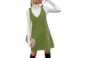Koinshha Women V Neck Corduroy Overall Dress Casual Loose Short Pinafore Dresses Cute Mini Jumper Dress