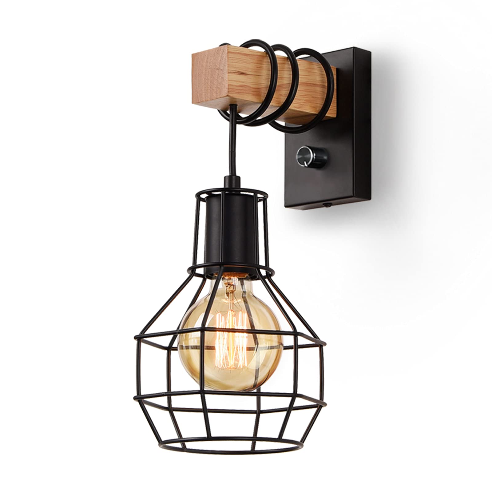 Glighone Industrial Rustic Wall Lamp Dimmable Indoor Cage Light with Switch - Vintage Black, for Living Room, Bedroom, Kitchen
