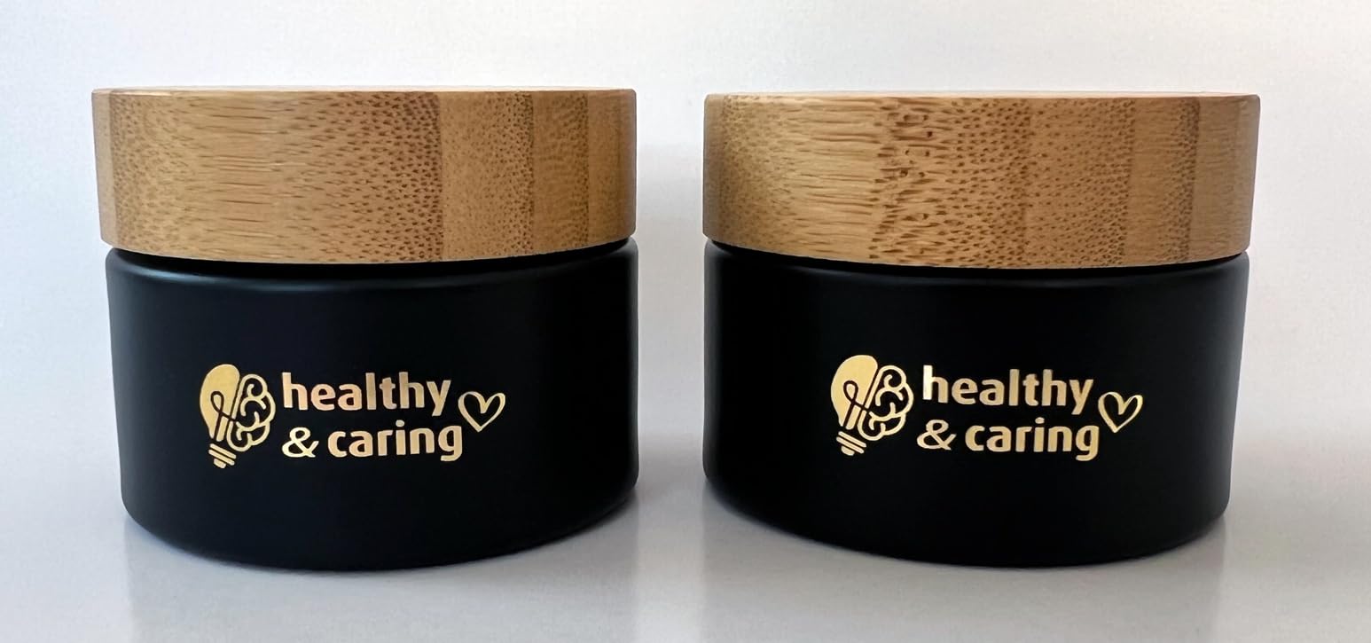 healthy & caring Black Glass Cosmetic Container (50 ml) with Bamboo Lid and Golden Emblem (2 Jars)