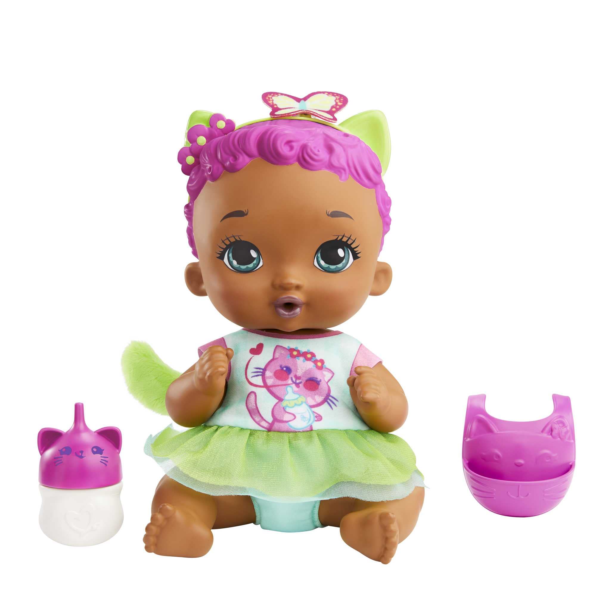 My Garden Baby Feed & Change Baby Kitten Doll (12-in) & Accessories, with Reusable Diaper, Bib, and Bottle, Great Gift for Kids Ages 3Y+, HHL23