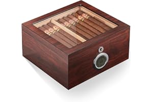 FLAUNO Cigar Humidor Holds up to 60 Cigars, Cedar Cigar Humidor Box with Lock, Easy Humidification System, Accurate Digital Hygrometer, 2 Humidifiers, Slotted Tray & Shelf, Dividers, Gift for Cigar Lovers