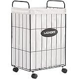 Mxfurhawa Iron Wire Laundry Hamper With Rolling Lockable Wheels, Folding Laundry Storage Basket with Handles,Detachable Liner