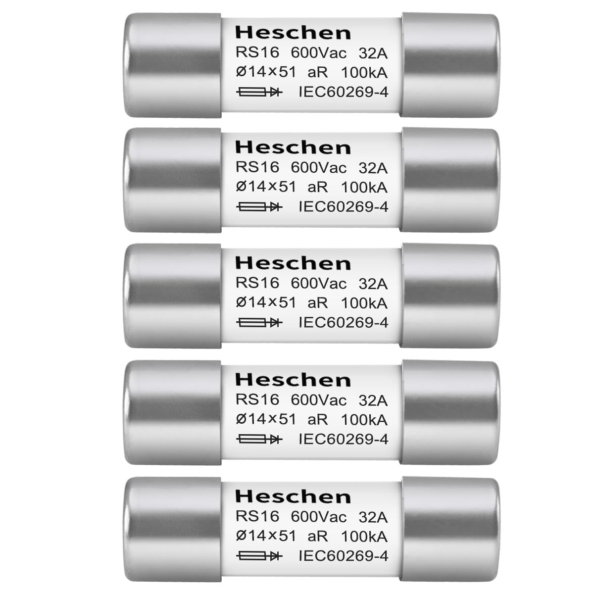 Heschen Cylindrical Ceramic Tube Fuse Link, RS16, aR Type, 14 * 51mm, 32A 600VAC 100kA, 5PCS