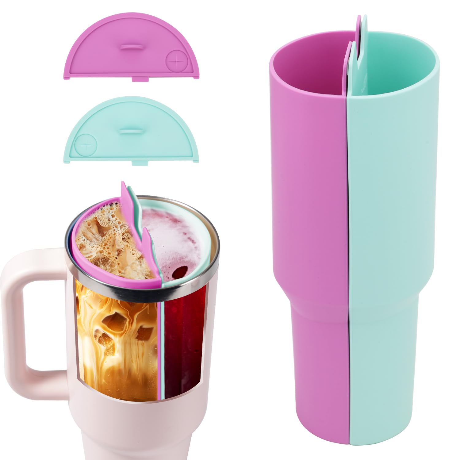 XIHIRCD 2pcs Drink Separator Silicone Liner for Stanley 40oz, High Capacity 2 in 1 Cup Insert with 2pcs Lids Water Cup Accessories Easy to Clean Compatible with Stanley Tumbler 40oz