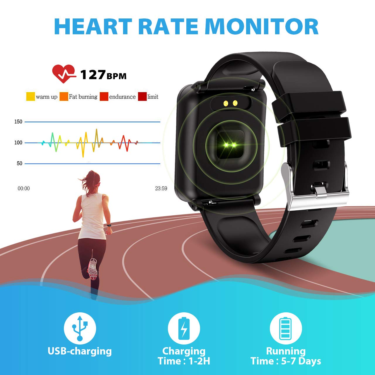 Fitness Watch, Waterproof IP68 Smartwatch Colour Screen Fitness Tracker with Heart Rate Monitor