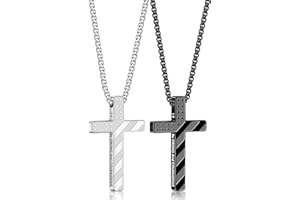 Romass 2Pcs Cross Necklace for Men,Silver Black Bible Verse Stainless Steel American Flag Pendant Chain Gifts Jewelry Box