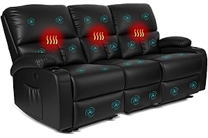 CHABATREE Home Theater Seating,RV Recliner Sofa with Massage and Heat,Manual RV Recliner Loveseat with USB/Cup Holders and Side Pocket for Living Room,3 Seater Black