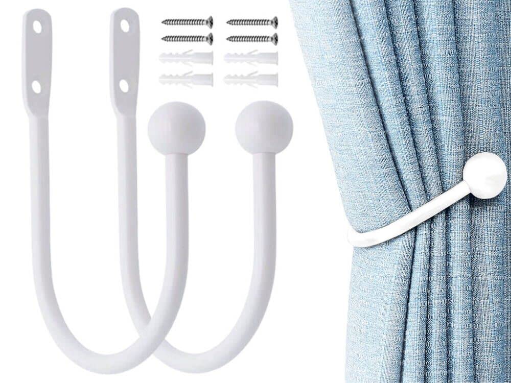 Hitopin 2PCS Metal Curtain Holdback Hooks Decorative Drapery Holdbacks Hooks Round Head U Style Metal Curtain Holdbacks Hooks Wall Mounted Curtain Tie Backs Hooks, for Fixed Curtain (White)