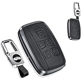 SANRILY 1pcs for Range Rover Key Cover Full Protection Metal Leather Key Fob Case fit for Land Rover Discovery Sport LR4 Jaguar Keyless Keychain Holder-Black