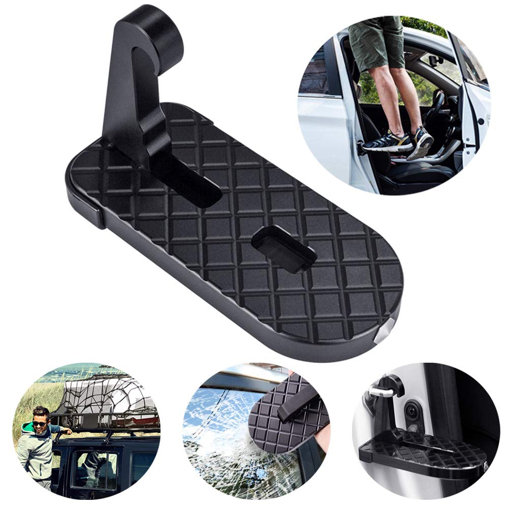 Car Doorstep Vehicle Folding Ladder Hooked on U Shaped Slam Latch Easy Access to Car Roof Rack Rooftop Assistance Doorstep with Safety Hammer Doorstep Black for Jeep SUV Off-Road Vehicles