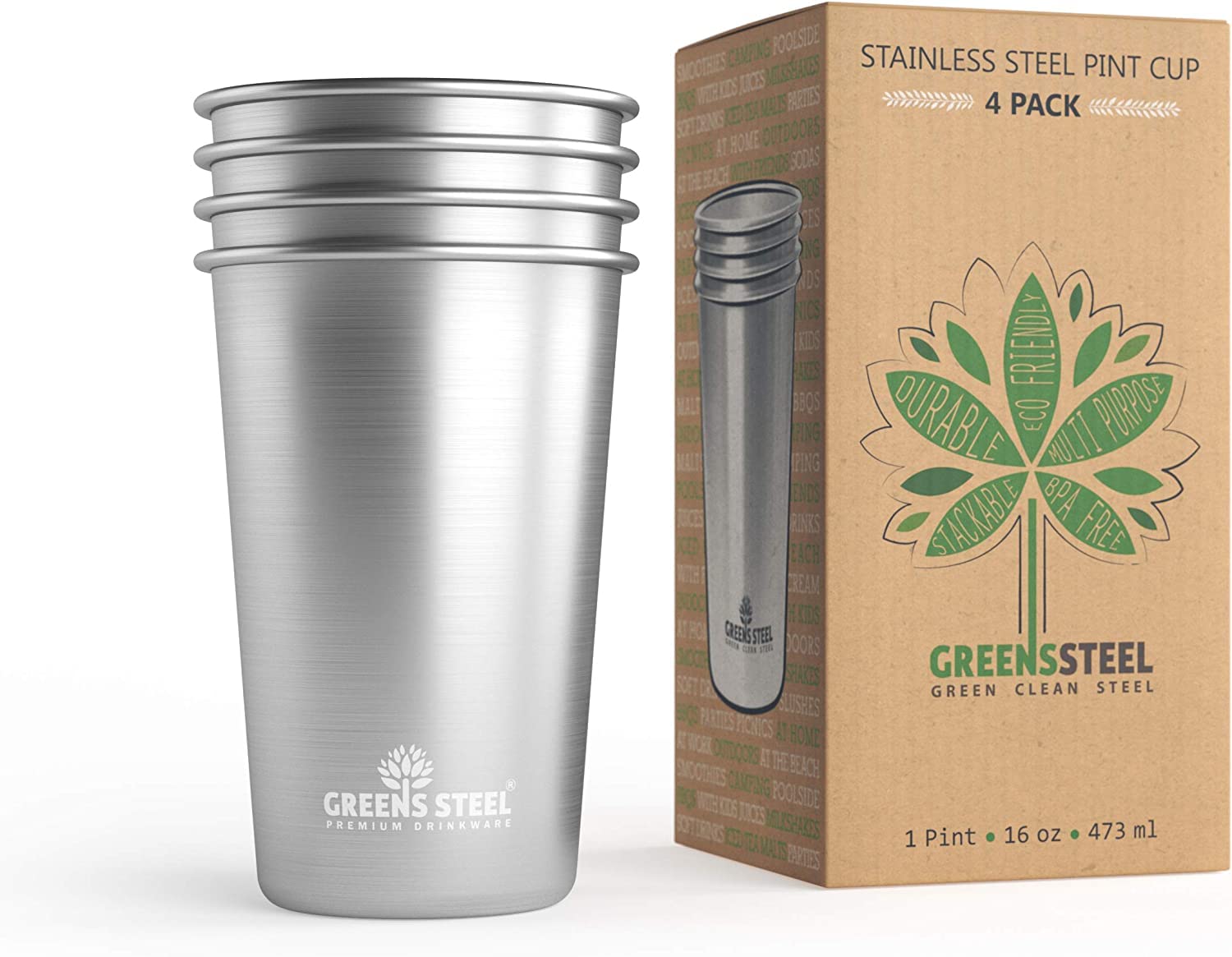 Greens Steel #1 Premium Stainless Steel Cups 16 oz/ 475ml Pint Cup Tumbler (4 Pack) Premium Metal Cups - Stackable Durable Cup — image 1