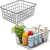 Aeggplant Kitchen Wire Baskets Farmhouse Decor Metal Food Storage Organizer, Household Refrigerator Bin with Built-in Handles for Cabinets,Pantry Set of 2 Black