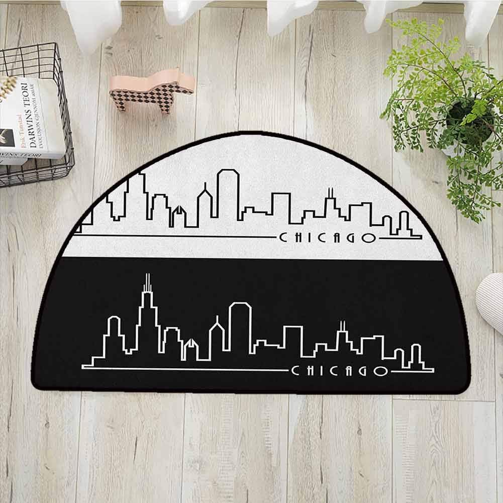 DESPKONMATS Chicago Skyline Bedroom Semi-Circular Rug, Minimalist Style Urban Plan View City Chart Sketch American Abstract, Rug Multi Colored, W27.5 x R15.7 Inches Black and White