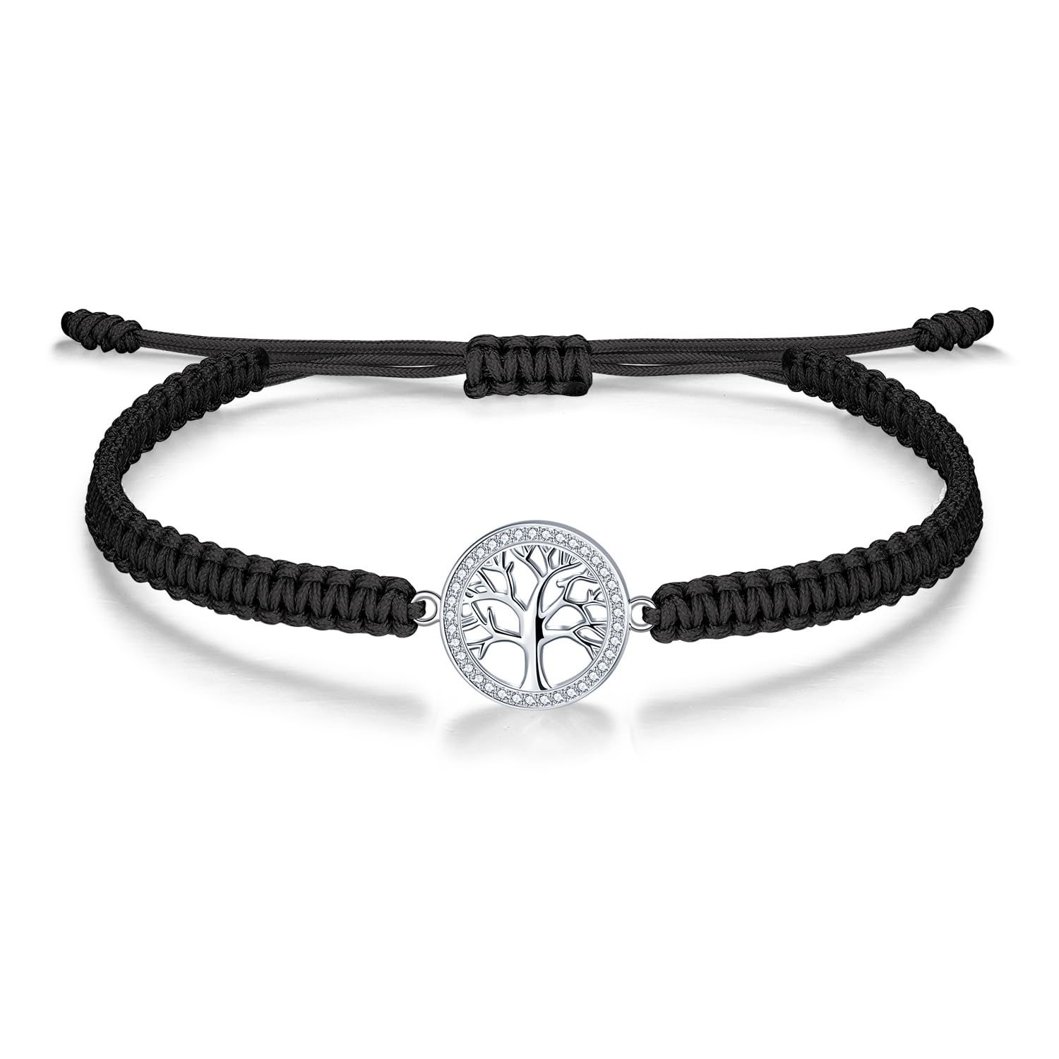 J.Endéar Lucky String Bracelet Handmade, Tree of Life Bracelet 925 Sterling Silver with Zircon for Women, Black Braided Bracelet for Girls, Teen Jewellery Adjustable