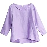 Amazhiyu Women's Linen 3/4 Sleeve Blouse Crew Neck Summer Casual Tops Loose Fit