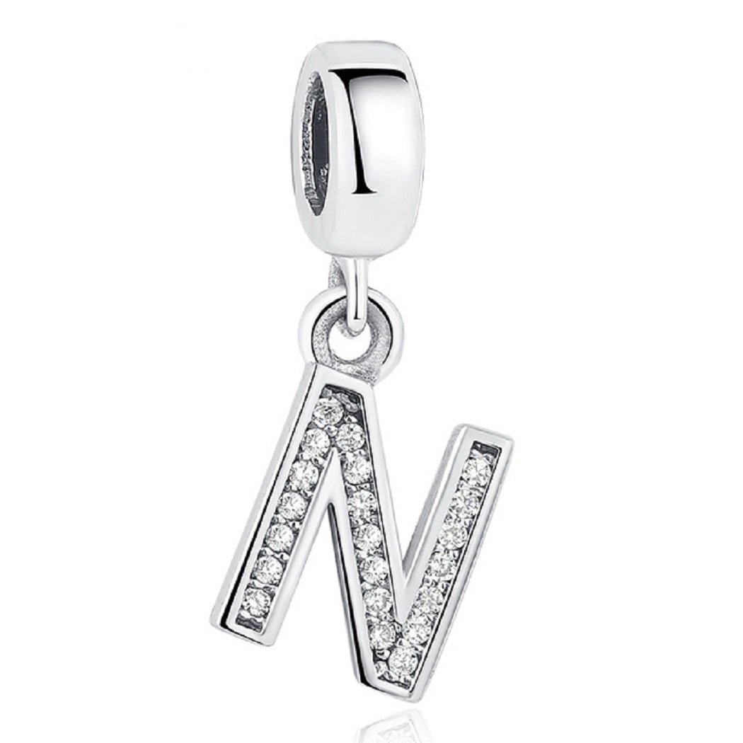 FeatherWish Sterling Silver 925 Letter A-Z Charms With Cubic Ziconia Compatible With Pandora Bracelet (Letter N)