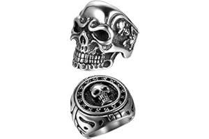 OIDEA Gothic Skull Rings for Men: 2PCS Stainless Steel Vintage Punk Biker Cocktail Party Signet Ring Band Jewelry Gifts, Silv