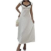 Milumia Women's Polka Dots Lace Trim Maxi Dress Sweetheart Neck Short Sleeve A Line Dresses