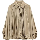 WOWULOVELY Women's Puffed Bomber Jacket Oversized Lapel Collar Streetwear Coat Long Casual Batwing Sleeve Zip Pleated Shirts