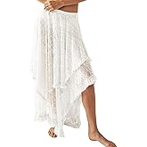 Yimoon Lace Skirts for Women Flowy Boho Maxi Skirt Elastic Asymmetrical Layered See-Through Long Skirt