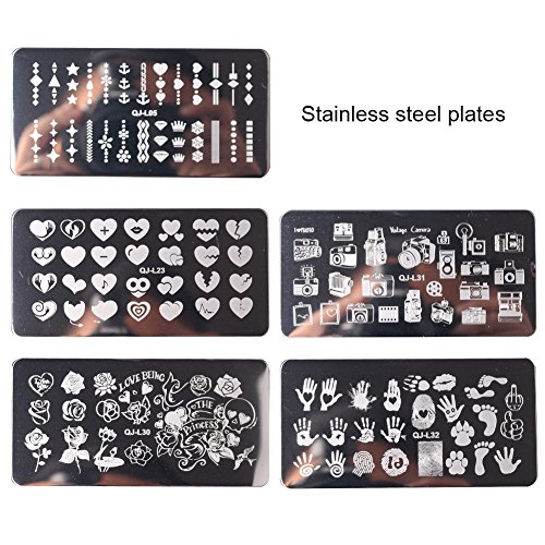 WOKOTO 5 Pieces Nail Art Templates Kit With Stamper And Scraper Palm Rose Heart Shap Design Templates For Nails Manicure Stamping Plates