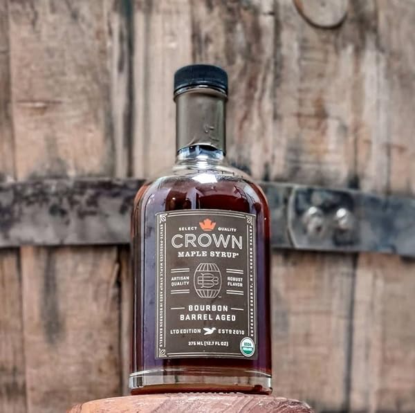 CROWN MAPLE BOURBON BARREL AGED ORGANIC MAPLE SYRUP, 25 FL OZ, PANCAKES, FLAVOR COCKTAILS, MARINADES AND SAUCES